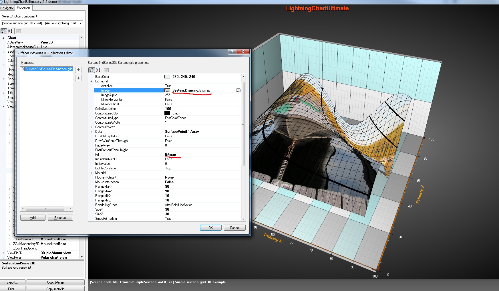 Demo app's Simple surface grid 3D example with bitmap fill